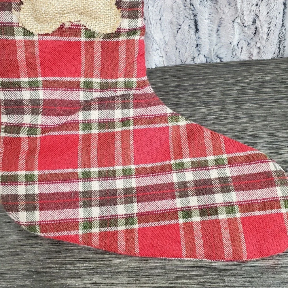 Domain Christmas Red Plaid‎ and Burlap Dog Pet Stocking with Button Bones 16